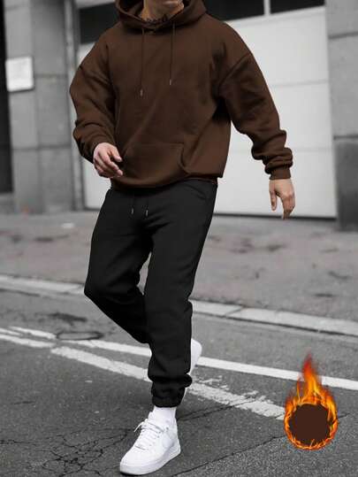 男士纯色落肩长袖抽绳连帽衫和运动裤休闲宽松西装，秋季