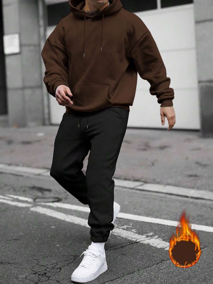 Bộ đồ nam dài tay trễ vai màu trơn có mũ trùm đầu và quần nỉ có dây rút, dáng rộng thoải mái, mùa thu - màu nâu - Xem 1