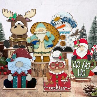 1件装 2D 平面木质圣诞桌面摆件，设计有小矮人、麋鹿、圣诞老人、圣诞夫人和雪人，乡村风格的圣诞小矮人装饰品，适用于家居、酒店、商店、酒吧、市场装饰，圣诞餐桌中心摆件，家居装饰，圣诞装饰，房间装饰，冬季圣诞装饰，家居圣诞礼物，圣诞装饰品