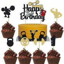 1 件/13 件健美主题生日蛋糕装饰 - 黑色闪光生日快乐蛋糕装饰 - 生日 / 杠铃 / 运动主题派对用品 - 送给男士的最佳礼物 - 彩色 - 查看 17