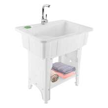 Freestanding Plastic Laundry Sink With Washboard, Indoor And Outdoor Utility Sink With Cold And Hot Water Faucet, Hoses And Drain Kit For Laundry Room, Garage, Basement, Garden - White - View 8