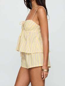 Giufajk Women Y2k Summer Set 2 Piece Loungewear Set Sleeveless Tie Front Tank Top Vest Baggy Shorts Set Vacation Set - 黃色 - 查看 5