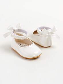 Nowe, płaskie buty Mary Jane dla dziewczynek, z kokardką, antypoślizgowa, miękka podeszwa z PU, buty do chodzenia dla małych dzieci, zdobione perłową satynową wstążką - Biały - Zobacz 7