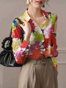Plus Size Floral & Leaf Print Button Down Shirt - Red - View 2