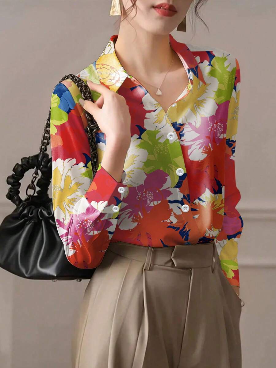 Plus Size Floral & Leaf Print Button Down Shirt