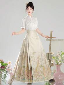 1 件现代中国汉服，复古风格绿色琵琶刺绣腰部收腰中长连衣裙，适合成人中国文化爱好者