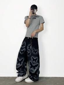 1 chiếc quần jean nam ống rộng, chất liệu denim mài, kiểu dáng thường ngày, vẽ tay, hiệu Hearty Haven (không kèm thắt lưng và phụ kiện) - màu đen - Xem 4