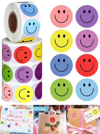 500 Holographic Rainbow Smiling Face Stickers, Round Office Supplies Stickers, For Teachers, Parents, Classrooms, Learning Rewards, Gift Tags, Envelope Seals, Office Wrapping, Durable Paper Material, Round Stickers For Scrapbooking, Books, Stationery, Gifts, Cookies, Cakes, Waterproof Envelope Seals, Wedding Stickers, Small Business Supplies