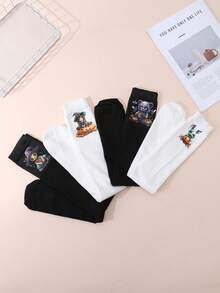 4 Pairs Of Black And White Long Stockings With Bat And Skull Print Patterns For Girls. They Are Suitable For Halloween And Are Backless Calf Socks. - Black and White - View 6