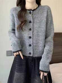 Wixra 2025 Autumn New Design Colorblock Heart Button Knitted Cardigan, Versatile Women Sweater Jacket - Grey - View 7