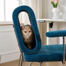 Office Chair With Integrated Cat Bed - Pet-Friendly Chair, Scratch-Resistant Material, Wide Seat, Replaceable Armrests, Human-Friendly Design, Cat Bed In The Backrest, Armchair - Blue + Fabric + Steel + Wood - View 8