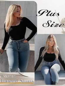 1 件女士秋冬新款保暖内衬方领长袖上衣，修身休闲运动汗衫，百搭背心衬衫