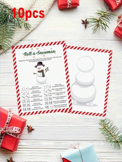 10pcs Roll A Snowman Dice Game Cards - Double-Sided Winter Party Game, Family Christmas Drawing Activity, Festive Group Game Set For All Ages, And Interactive Snowman Creation Cards