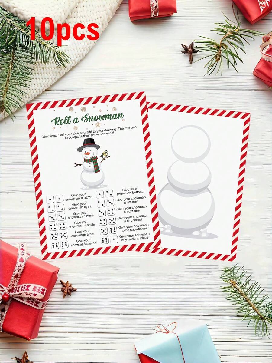 10pcs Roll A Snowman Dice Game Cards - Double-Sided Winter Party Game, Family Christmas Drawing Activity, Festive Group Game Set For All Ages, And Interactive Snowman Creation Cards - Multicolor - View 1