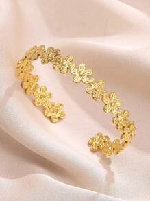 优雅花卉不锈钢手镯，18K镀金可调节开口手镯，女士金色婚礼首饰，节日派对配饰，送给她/妈妈/闺蜜的礼物 - 不銹鋼 - 查看 13