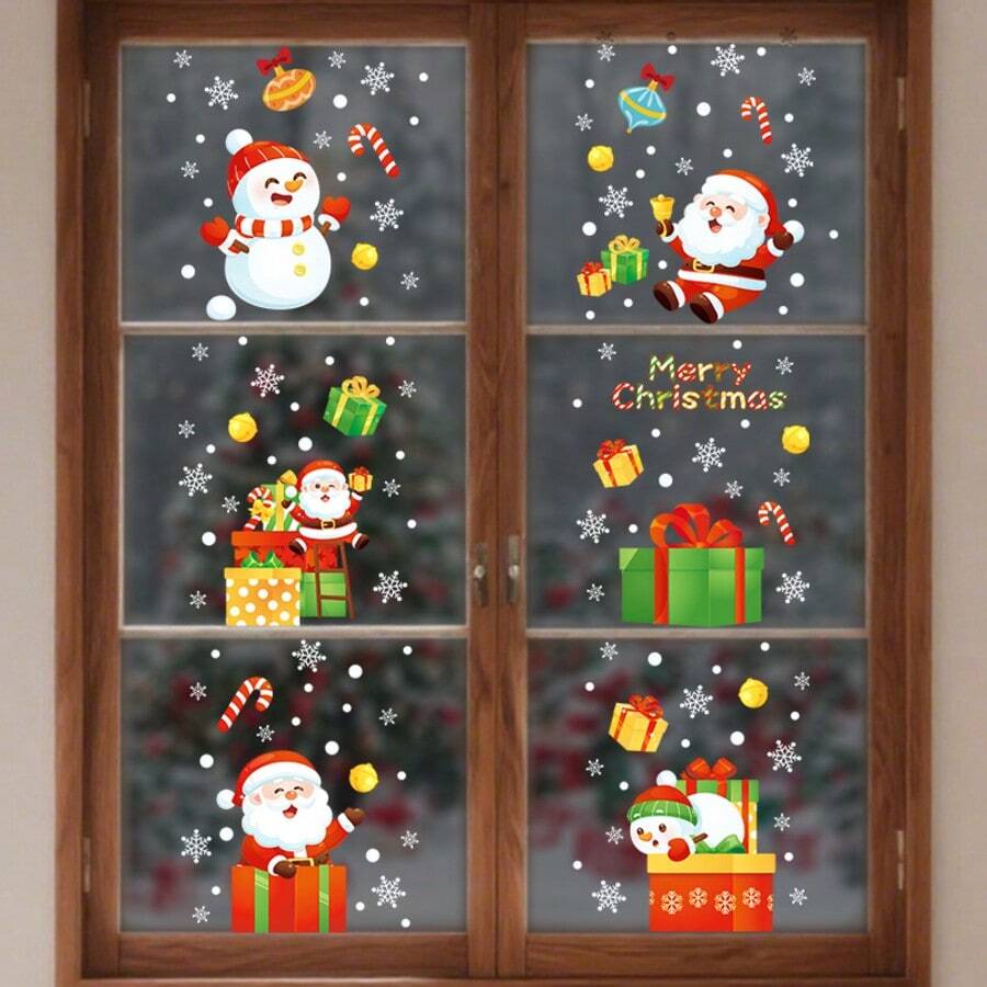 6 Peças Adesivos Estáticos Autoadesivos de Natal para Decoração de Janelas de Casa, Festa, Reunião, Papai Noel, Presente, Floco de Neve e Outros Elementos de Natal, Adequado para Decoração de Evento de Férias em Loja