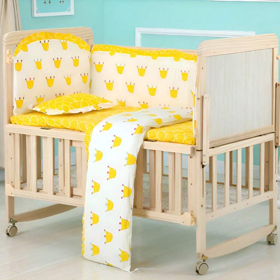 Cuna Colecho Bebé Madera Mecedora Con Ruedas Y Mosquitero - Amarillo - Ver 1