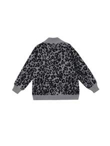 Jungle Whisper Leopard Print Loose Knit Cardigan Sweater For Women, Autumn, Random Panels - Grey - View 2