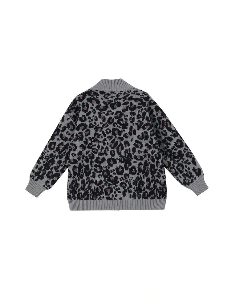 Jungle Whisper Leopard Print Loose Knit Cardigan Sweater For Women, Autumn, Random Panels - Grey - View 2