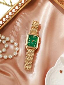 1 件女士休闲时尚方形表盘石英腕表，带钢带，时尚钟表（不含表盒） - 金色 - 查看 6