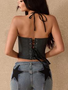 Yuwenier 性感复古深灰色蕾丝拼接细肩带吊带背心，哑铃环系带露背塑形吊带背心，适合生日派对、情人节、音乐节、春夏等场合。 - 黑色 - 查看 4