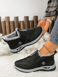 Giày nữ mùa thu/đông 2025 mới, giày casual lót ấm, bốt đi tuyết kiểu slip-on, trang trí họa tiết bông tuyết, bốt cổ ngắn mùa đông thoải mái. - màu đen - Xem 2