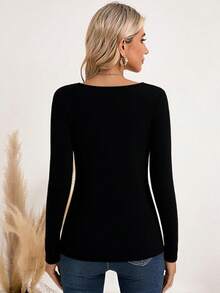 1 件女士秋冬新款保暖内衬方领长袖上衣，修身休闲运动汗衫，百搭背心衬衫