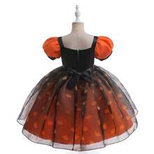 Vestito da strega per bambine con maniche a sbuffo, gonna a palloncino con zucca e tulle, outfit per feste e performance dei bambini per Ognissanti