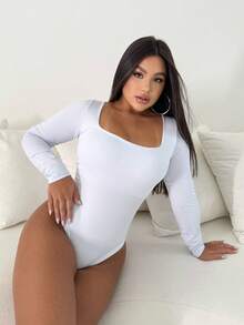 Bodysuit Leotard Shaping Square Neck Long Sleeve Gringa Moda Blogger - trắng - Xem 1