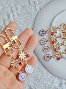 1pc Unisex A-Z Letter Stainless Steel Keychain, Minimalist Letter, Flower, Ladybug Design, Gift For Friends, Bag Pendant - Multicolor - View 11