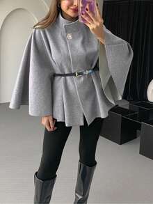 女士时尚优雅短袖立领宽松斗篷外套，配腰带，冬季款 - 淺灰色 - 查看 3