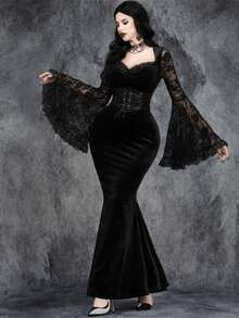 Vestido de mujer gótico y sexy con mangas de encaje, parches y cola de sirena con terciopelo para Halloween. Vestido elegante y formal de noche, para graduación, cena, fiesta de boda como invitada