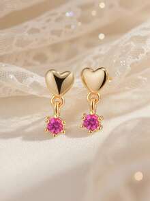 Artepollo 1pc 925 Sterling Silver Low Allergy Red Zirconia Heart Stud Earrings, Sweet & Cute, Gift Box Packaging, Elegant & Refined, Suitable For Daily Or Holiday Wear, Gift For Girls, Friends, Back To School - one-size - View 2