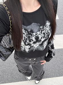 Women's Retro Floral Print Long Sleeve T-Shirt, Summer Casual Spring - Black - View 6