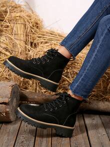 2025 新款女士时尚黑色绒面系带靴，高品质独特，经典黑色百搭，可调节鞋带和鞋底，圆头低跟雪地靴，冬季户外休闲踝靴 - 黑色 - 查看 3