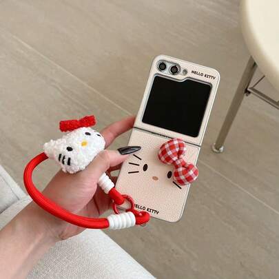 Sanrio غطاء هاتف جلدي قابل للطي بشكل عقدة الفراشة كرتوني ثلاثي الأبعاد ل- KT Cat مع سلسلة KT Cat، متوافق مع Galaxy Z Flip3 5G/Galaxy Z Flip 4 5G/Galaxy Z Flip 5 5G/Galaxy Z Flip 6 5G/Galaxy Z Flip 7 5G، موضة للسيدات