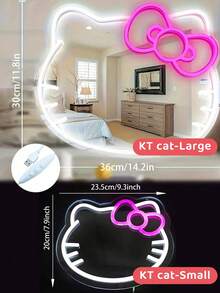 Sanrio 1 szt. Lustro ścienne do sypialni z neonowymi światłami Anime KT Cat, toaletka, garderoba, salon, korytarz, neony, pasek lustrzany ze ściemnialnym oświetleniem LED, dekoracja łazienki, lampka nocna do toaletki, neonowe światła LED zasilane przez USB/baterię, różowa dekoracja ścienna do sypialni, nadaje się do pokojów, na walentynki, urodziny, prezenty ślubne, do domu, dekoracja świąteczna, dla dziewczyn, żon, przyjaciół, rodziny, kochanków