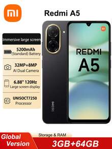 Xiaomi Redmi A5 3GB+64GB 4GB+128GB Wersja globalna Pojemność baterii smartfona 5200mAh 15W Szybkie ładowanie 6,88" Duży ekran Wyświetlacz Dual SIM Android 15 Tylna kamera 32MP