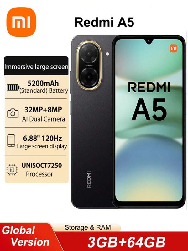 Xiaomi Redmi A5 3GB+64GB 4GB+128GB Wersja globalna Pojemność baterii smartfona 5200mAh 15W Szybkie ładowanie 6,88" Duży ekran Wyświetlacz Dual SIM Android 15 Tylna kamera 32MP