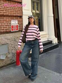 Áo len nữ HoloChill cổ tròn kẻ sọc phối màu, kiểu dáng thường ngày, bộ sưu tập mới mùa hè 2026 nhân dịp Lễ Tình nhân. - Hồng - Xem 3