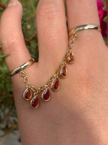 1 件时尚铜镶嵌方形立方氧化锆连接指环，闪亮锆石流苏链项链，适合女士，奢华黄金首饰，适合日常、婚礼、派对配饰，婚礼季节礼物