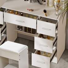 Tocador con espejo y taburete, 10 luces LED y apertura automática - Perfect For Organizing Makeup, Skincare, Elegant Vanity|Decorative Vanity, Vanity Furniture, Compact For Small Space, Bedroom Decor Gift, Perfect Gift For Women Girls , Ideal para regalos de Navidad y Halloween. - Blanco - Ver 9