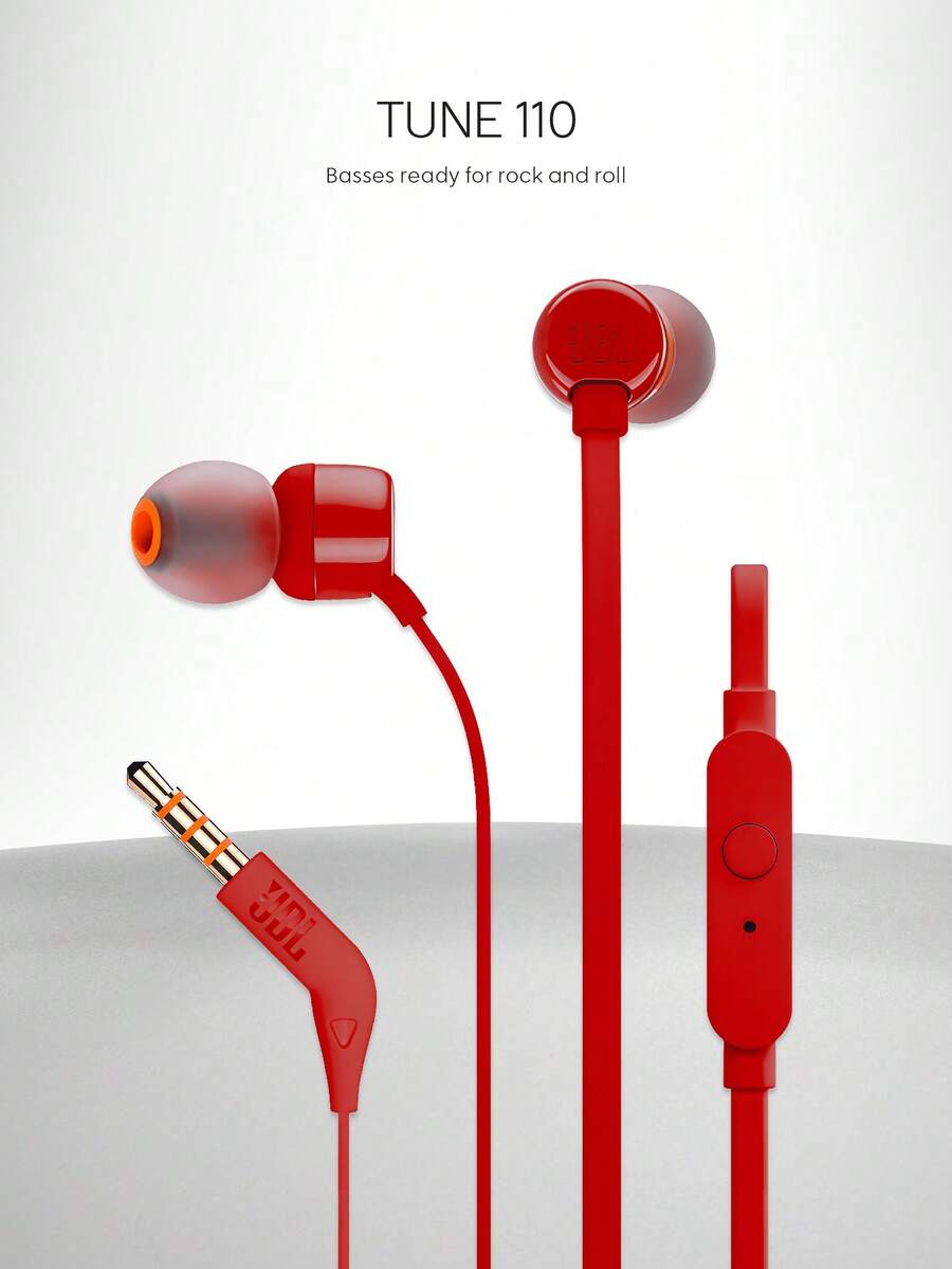 JBL Tune 110 入耳式有线耳机带麦克风，防缠绕带状线缆，纯低音，立体声，适合电脑游戏和运动，3.5 毫米插孔免提兼容耳机 - 紅色 - 查看 1