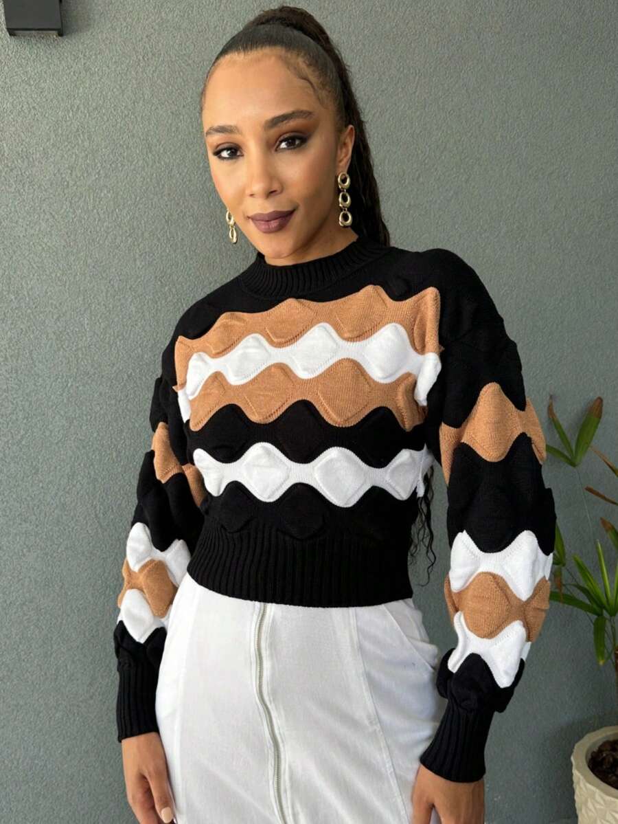 Striped Cropped Top Knitted Modal Office Daily Home Travel - Black With New Beige - View 1