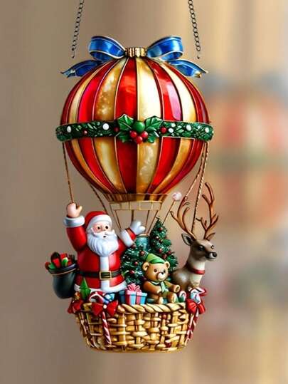 圣诞老人和热气球 - 彩色亚克力 2D 平面窗饰，非常适合圣诞节装饰、家居、花园、酒吧和独特礼物，无需电源