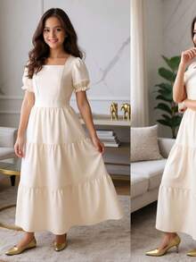 Lizo Long Ruffled Youth Dress Short Sleeve Girls 8 To 12 Years Baby Blue, Pink, Green, Beige, Black - 米色 - 查看 1