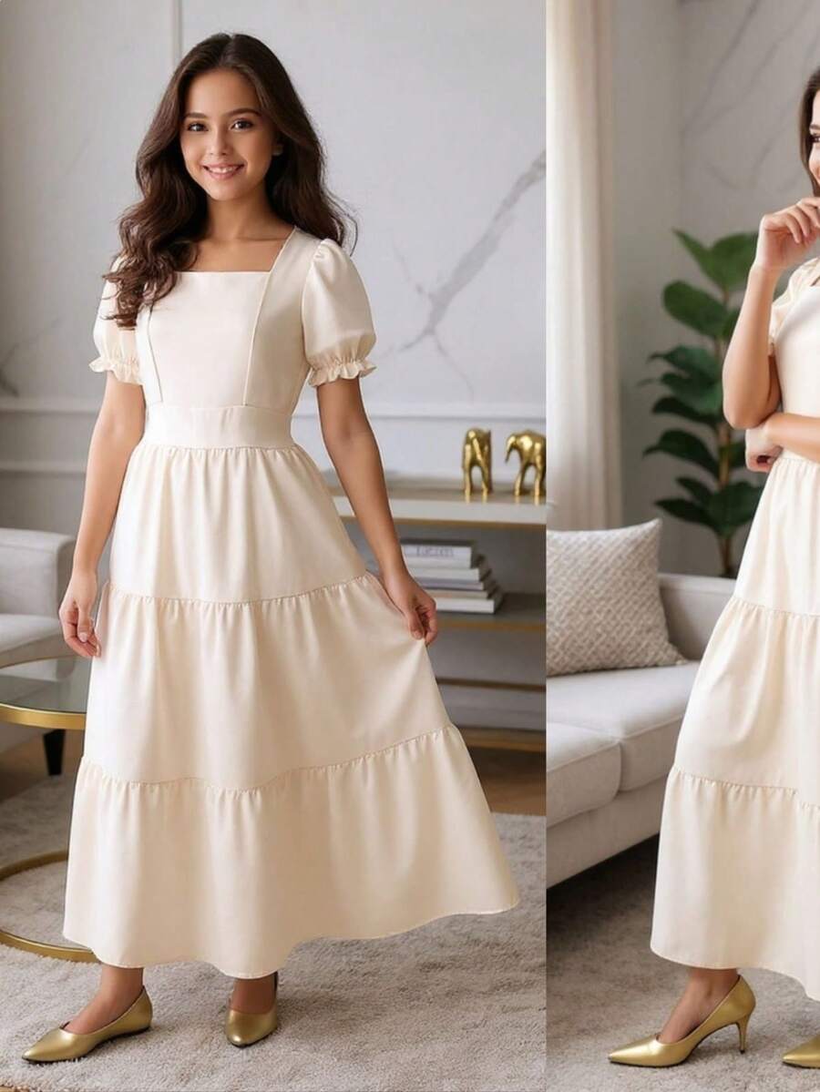 Lizo Long Ruffled Youth Dress Short Sleeve Girls 8 To 12 Years Baby Blue, Pink, Green, Beige, Black - 米色 - 查看 1