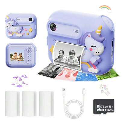 儿童相机即时打印，带 1080P 视频的自拍数码相机，带 2 个滚轴相纸，便携式旅行相机玩具，适合 4 5 6 7 8 9 岁男孩女孩，适合 3-12 岁儿童的圣诞节生日礼物