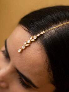 Rhinestone Round Teardrop Gold Forehead Chain Hair Accessory - Gold - View 2