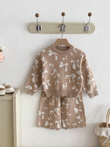 韩国INS风秋季女宝宝针织提花卫衣套装带蝴蝶结长裤两件套 - 杏色 - 查看 2